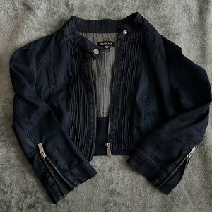 Cropped denim jacket with cinched back and side zips